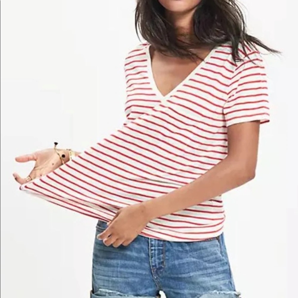 Madewell Theresa Striped V Neck Tee Medium Red